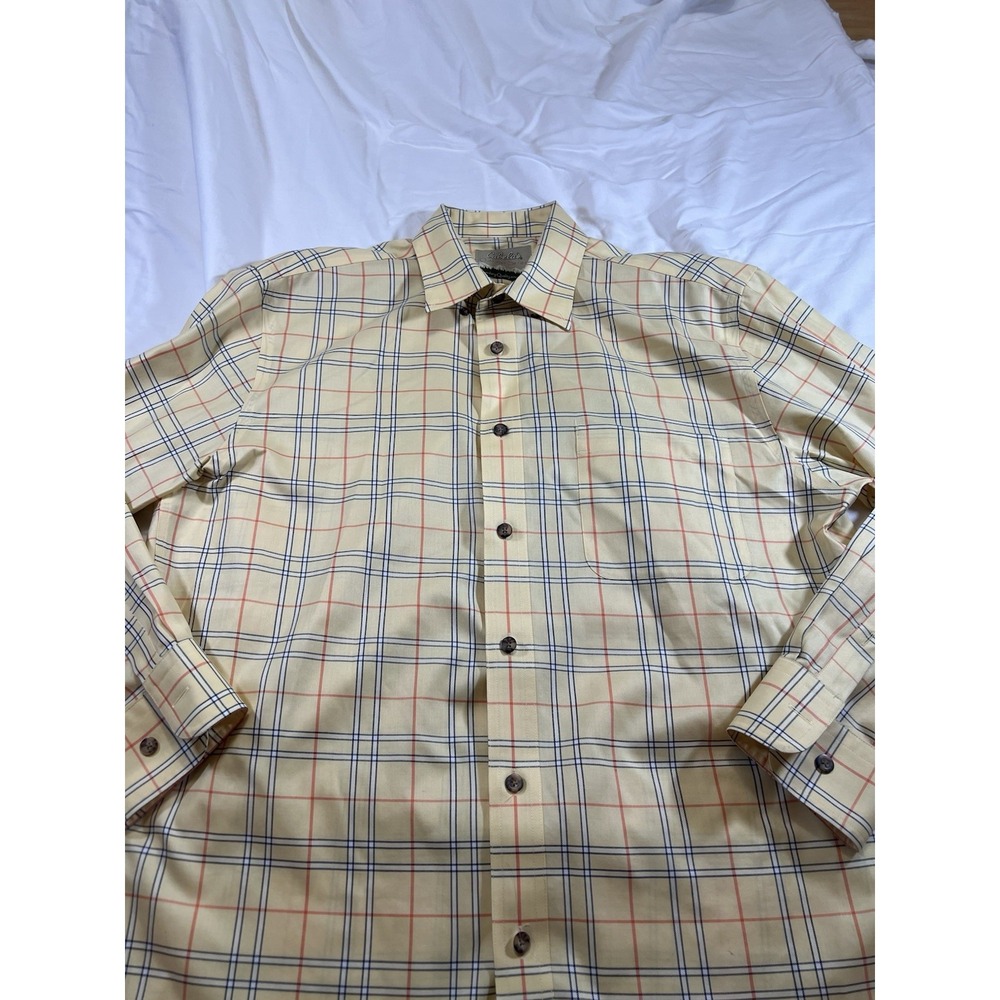 Cabela's Outfitter Series Men's Plaid Button Up Shirt Beige Red Blue Cotton Lg